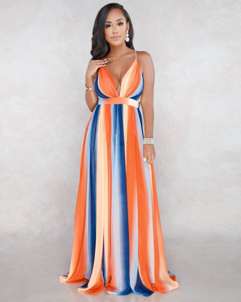 New Trendy Cute Maxi Dress Sexy Floral Print Deep V Neck Gowns