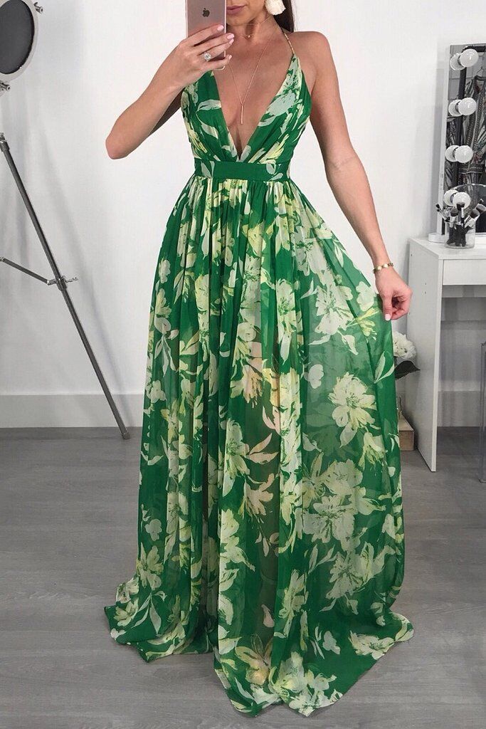 New Trendy Cute Maxi Dress Sexy Floral Print Deep V Neck Gowns Gotita Brands 