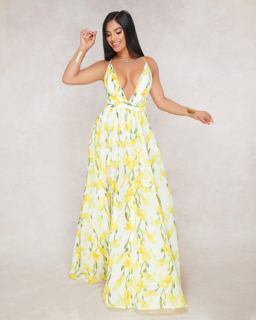 New Trendy Cute Maxi Dress Sexy Floral Print Deep V Neck Gowns Gotita Brands