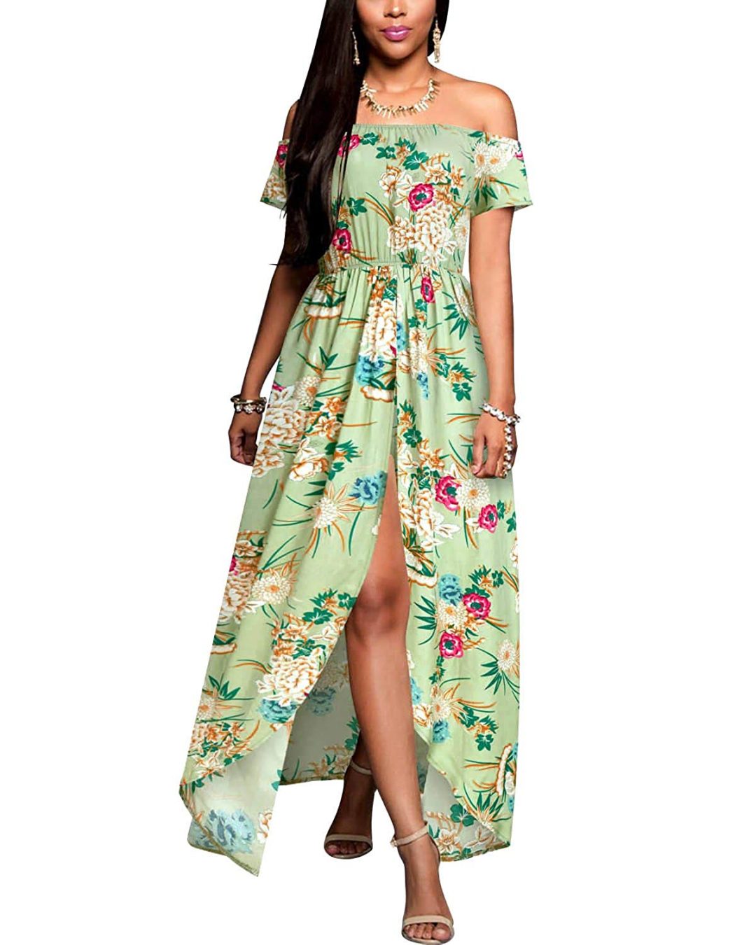 Party Off Shoulder Dress - Floral Print Split Maxi Romper For Women