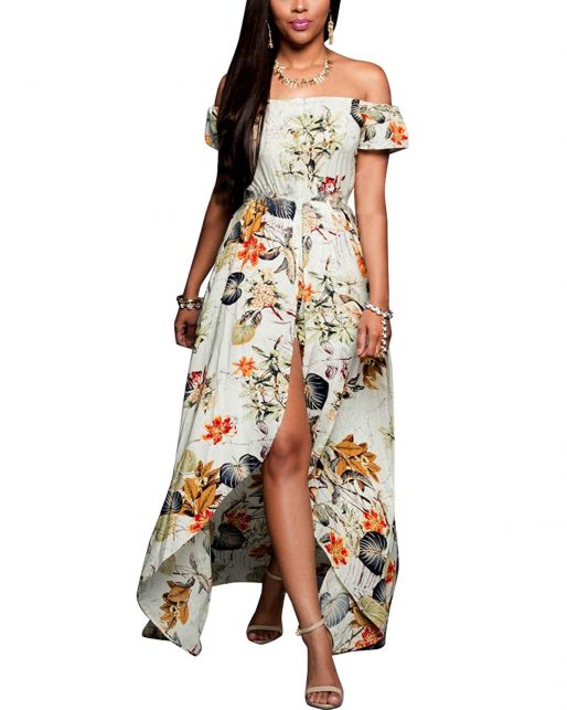 Party Off Shoulder Dress - Floral Print Split Maxi Romper For Women