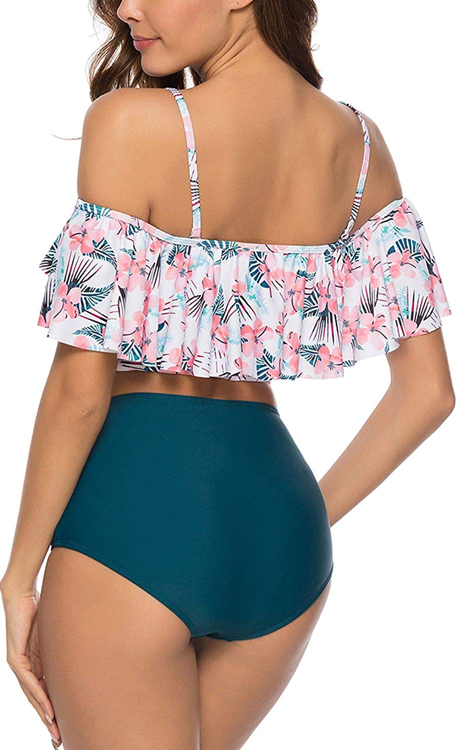 Two Piece Off Shoulder Swimsuit High Waist Flounce Bikini For Women 